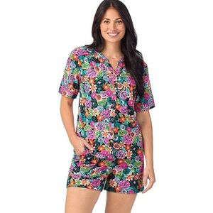 NWT Cuddl Duds Short Sleeve Slip Neck Pajama Set XXL Black Floral Button up top